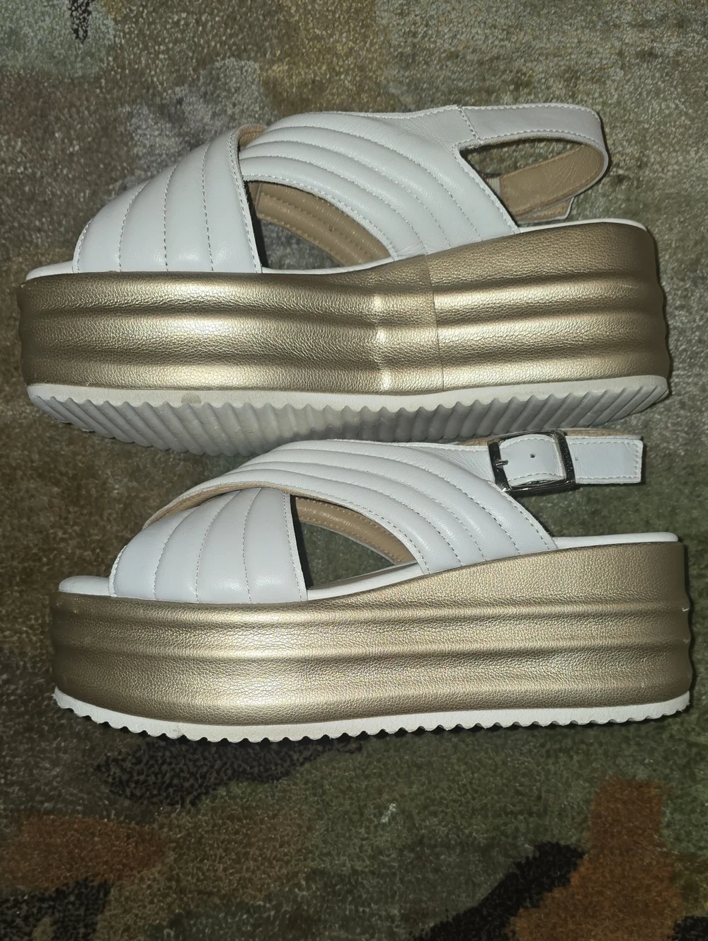 Cordani Yvonne White Leather Platform Sandals with Gold Sole